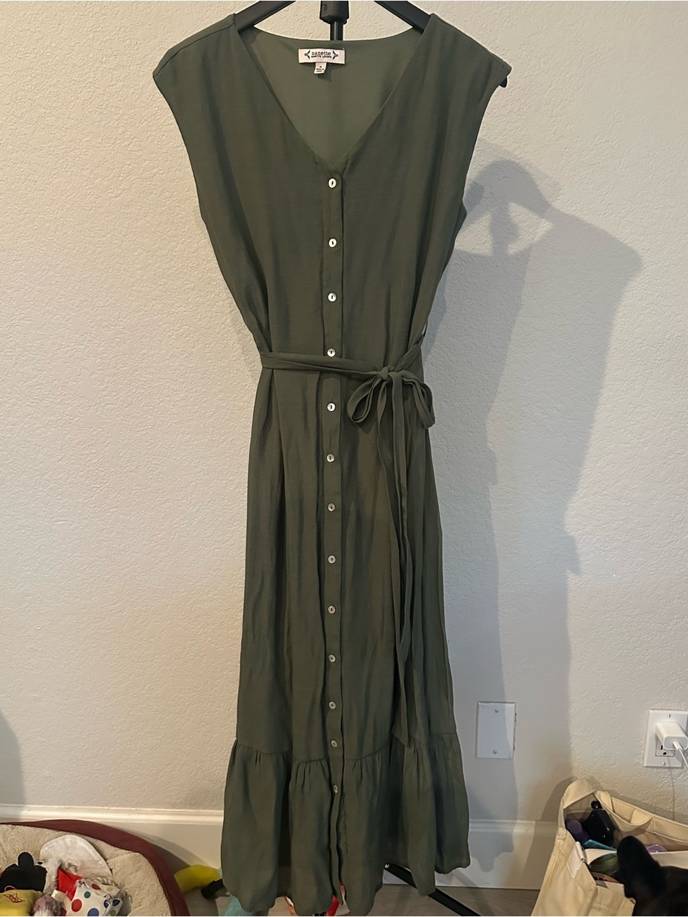 Nanette Lepore Olive Green Button-Front Maxi Dress with Tie Waist Size 4